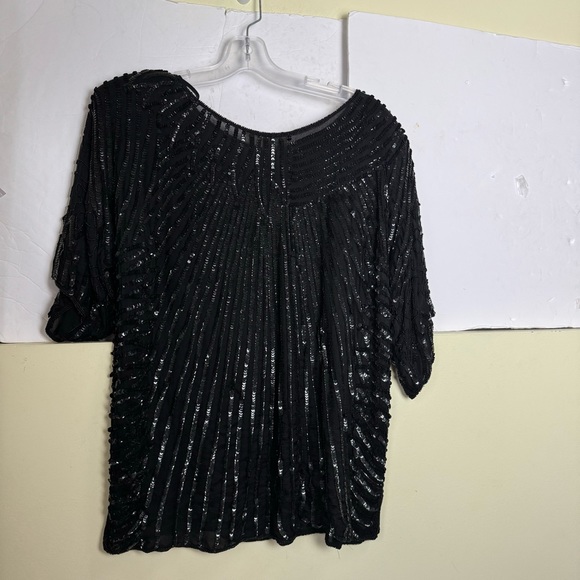 Frank Usher Vintage 1980 100% Silk Sequin Beaded Top Evening Crew Lined Black L - Picture 15 of 16